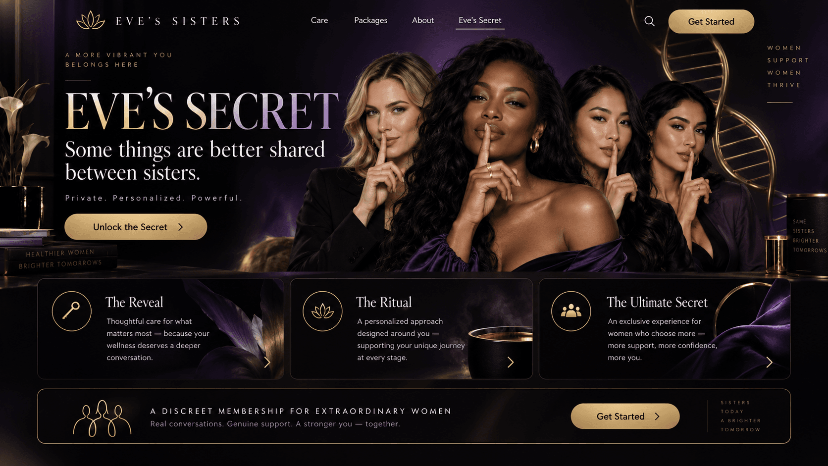 Four adult women together in an elegant black and purple Eve’s Secret setting.