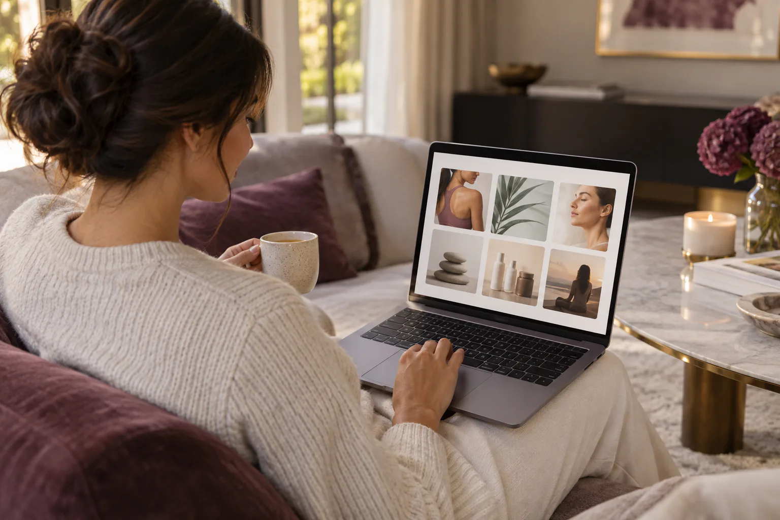 Woman browsing women’s healthcare and wellness options on a laptop at home.