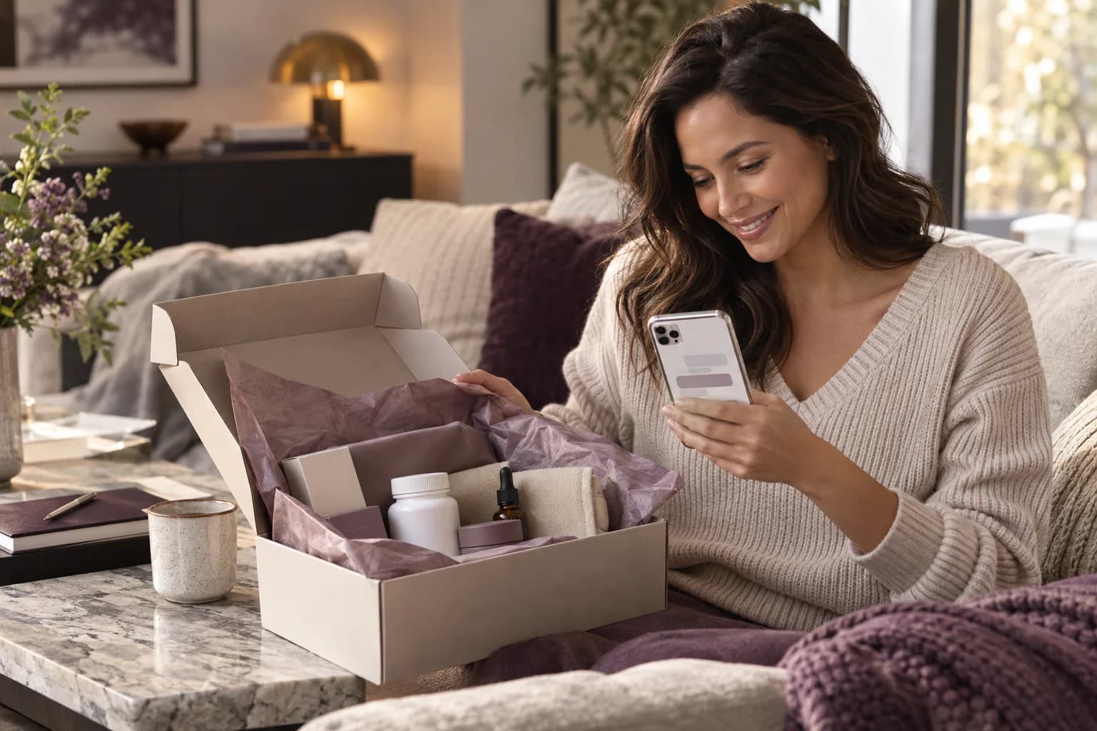 Woman opening a discreet wellness delivery while reviewing a follow-up message on her phone.