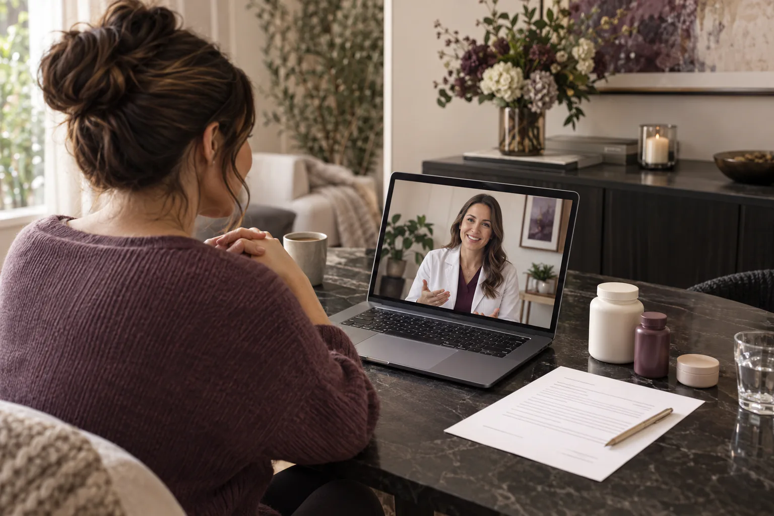 Woman speaking with a female clinician by telehealth with unbranded wellness products nearby.
