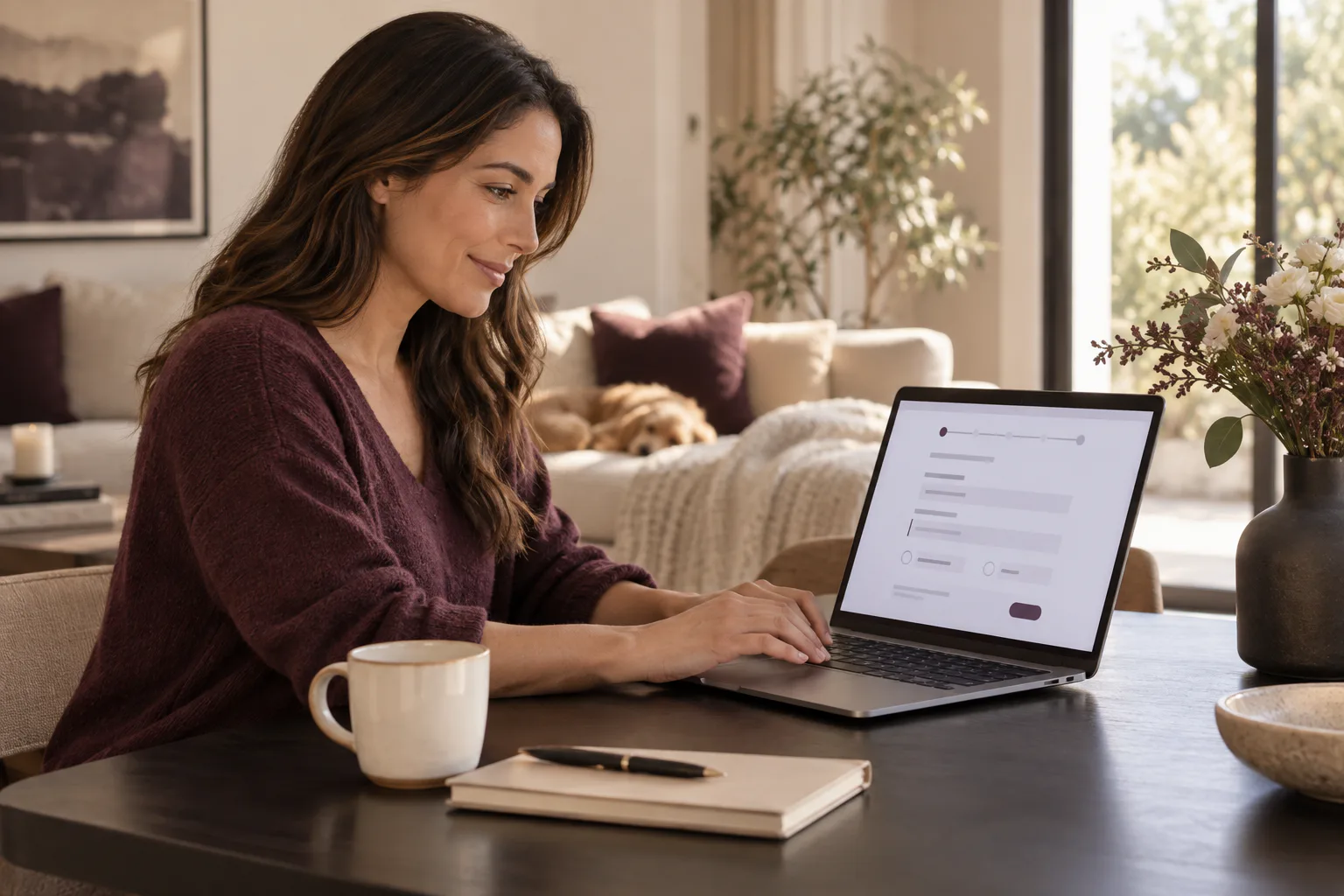 Woman privately completing a secure online health-intake form on her laptop.