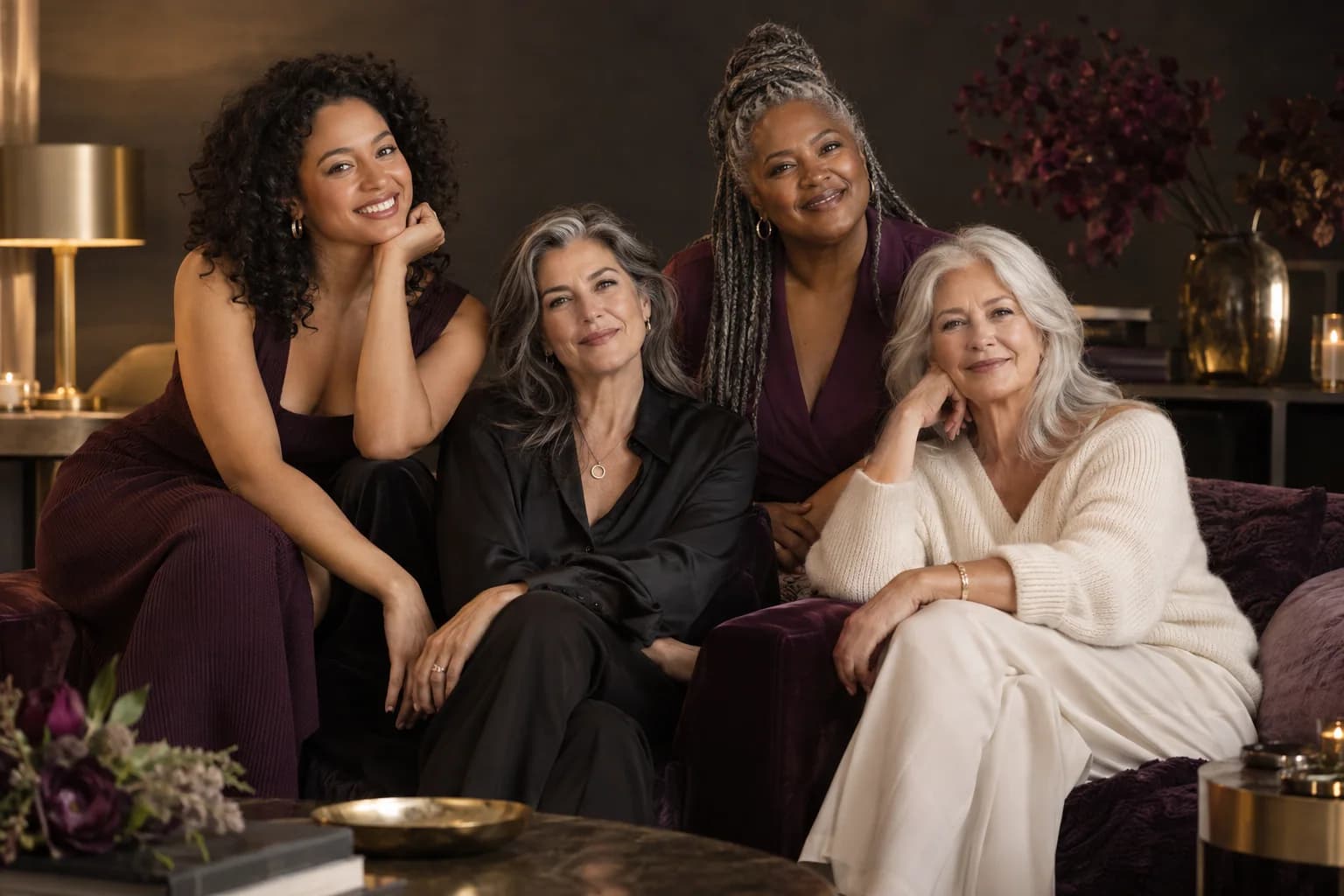 Four adult women across life stages seated together in a warm interior.